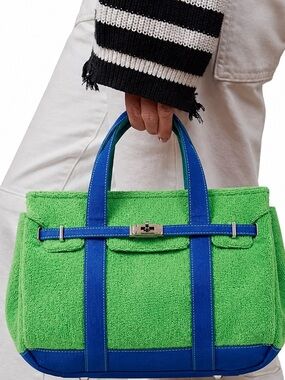SUNWIN Boatkin Green and Blue Contrast Terry Birkin Tote Bag Top Handles